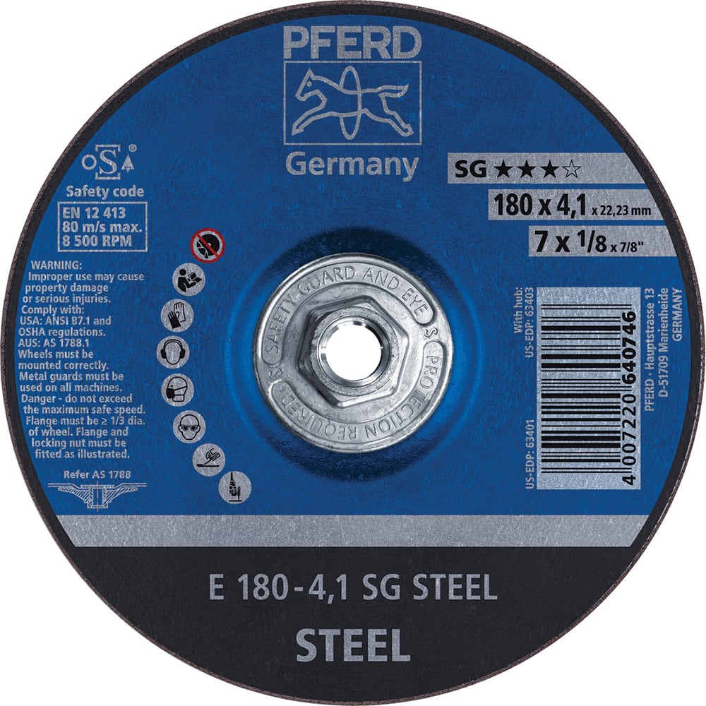 PFERD - Depressed-Center Wheels; Hole Thread Size: 5/8-11 ; Connector Type: Arbor ; Wheel Type Number: Type 27 ; Abrasive Material: Aluminum Oxide ; Maximum RPM: 8500.000 ; Bond Type: Resinoid - Exact Industrial Supply