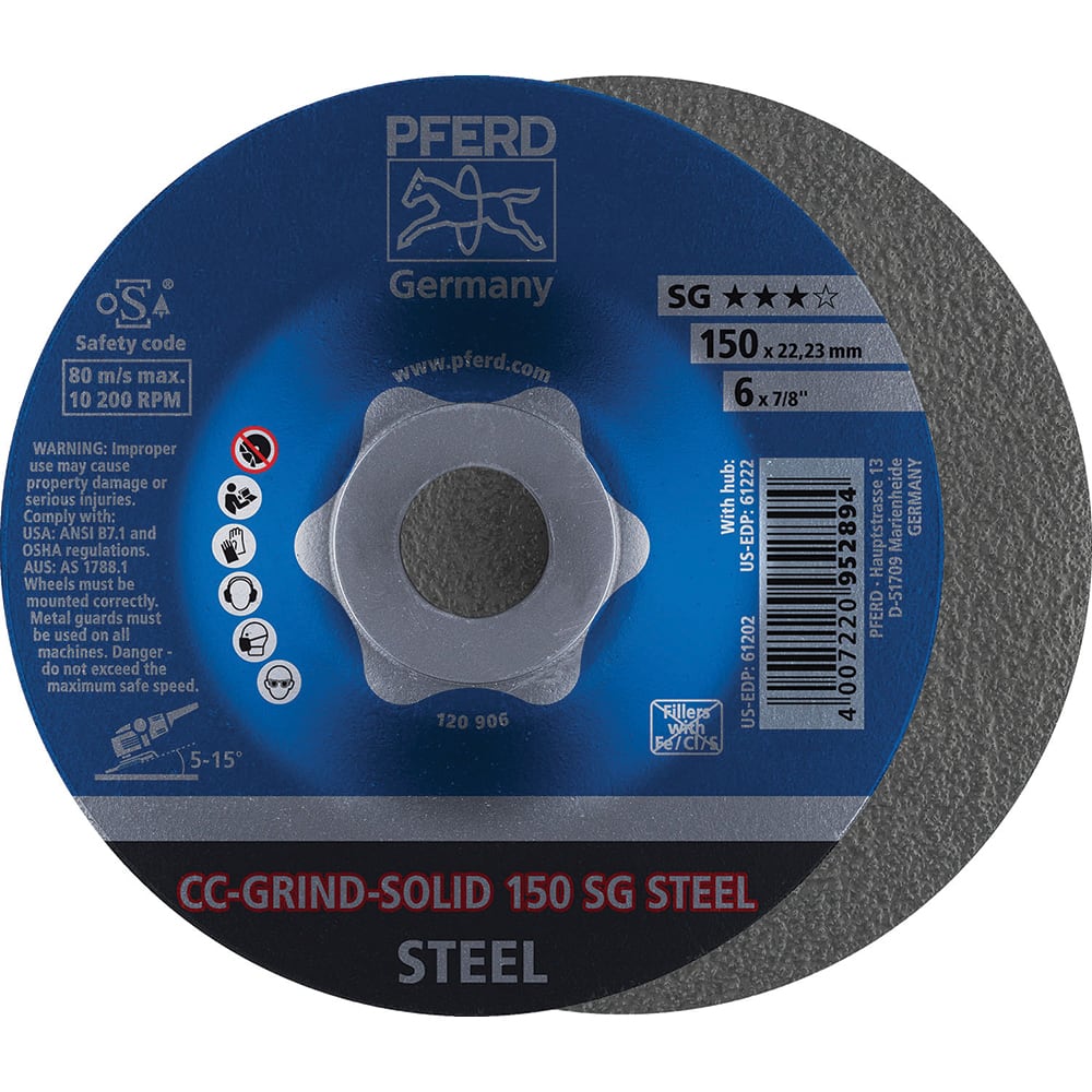 PFERD - Depressed-Center Wheels; Hole Size (Inch): 7/8 ; Connector Type: Arbor ; Wheel Type Number: Type 1 ; Abrasive Material: Steel ; Maximum RPM: 10200.000 ; Tool Compatibility: Angle Grinders - Exact Industrial Supply