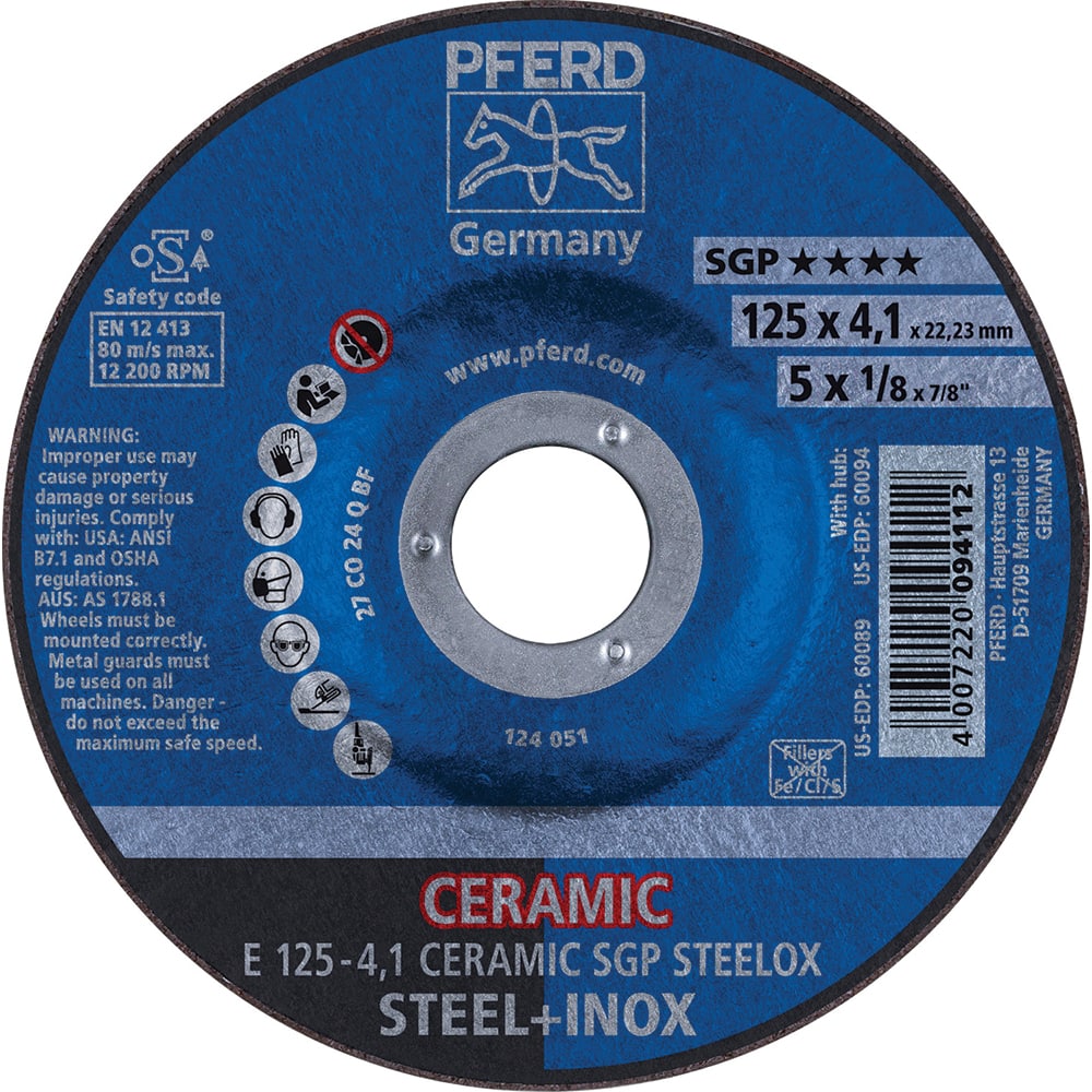 PFERD - Depressed-Center Wheels; Hole Size (Inch): 7/8 ; Connector Type: Arbor ; Wheel Type Number: Type 27 ; Abrasive Material: Ceramic Oxide ; Maximum RPM: 12200.000 ; Grit: 24 - Exact Industrial Supply