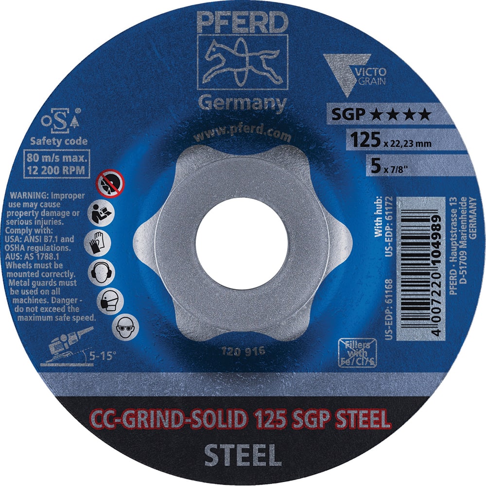 PFERD - Depressed-Center Wheels; Hole Size (Inch): 7/8 ; Connector Type: Arbor ; Wheel Type Number: Type 1 ; Abrasive Material: Steel ; Maximum RPM: 12200.000 ; Tool Compatibility: Angle Grinders - Exact Industrial Supply