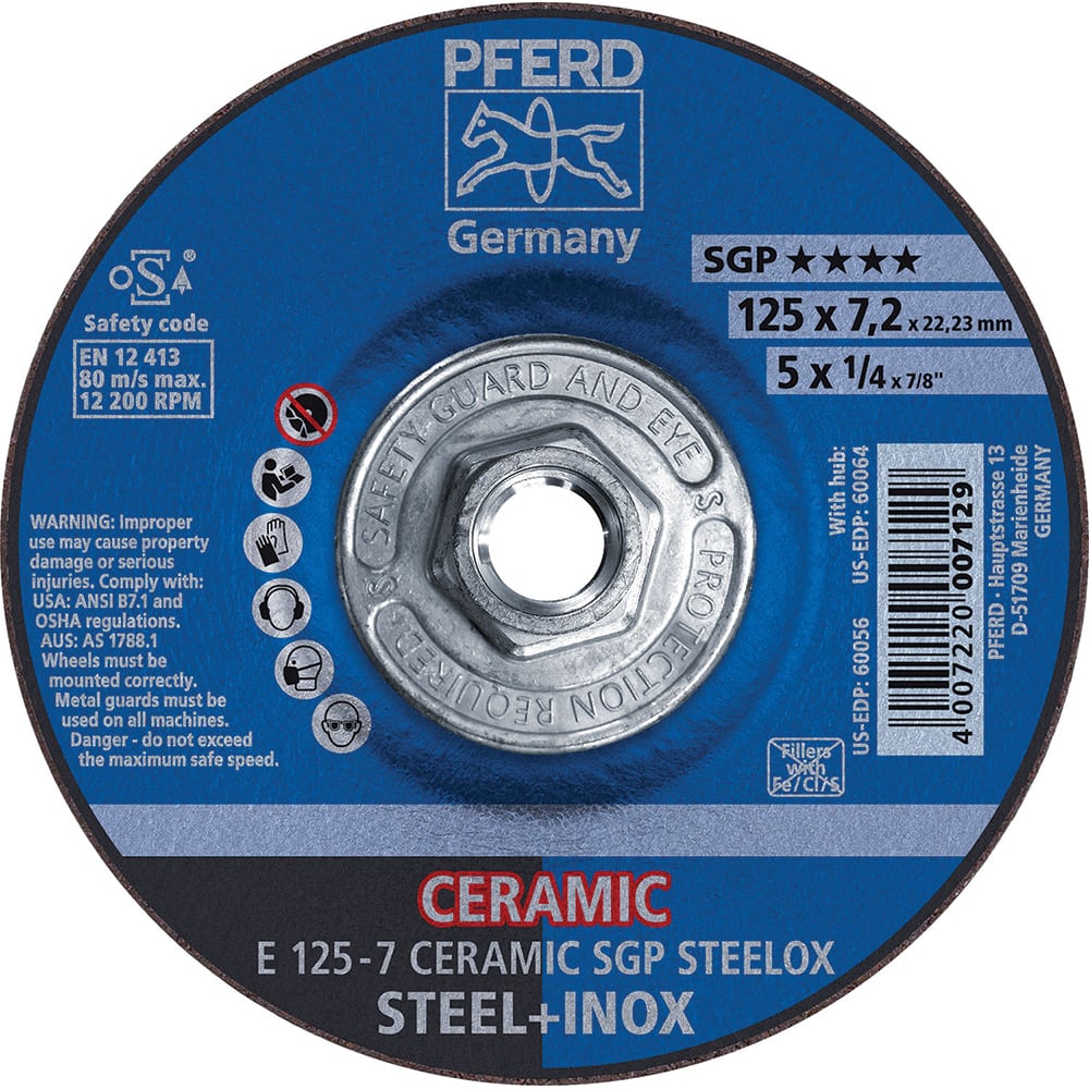 PFERD - Depressed-Center Wheels; Hole Thread Size: 5/8-11 ; Connector Type: Arbor ; Wheel Type Number: Type 27 ; Abrasive Material: Ceramic Oxide ; Maximum RPM: 12200.000 ; Grit: 24 - Exact Industrial Supply