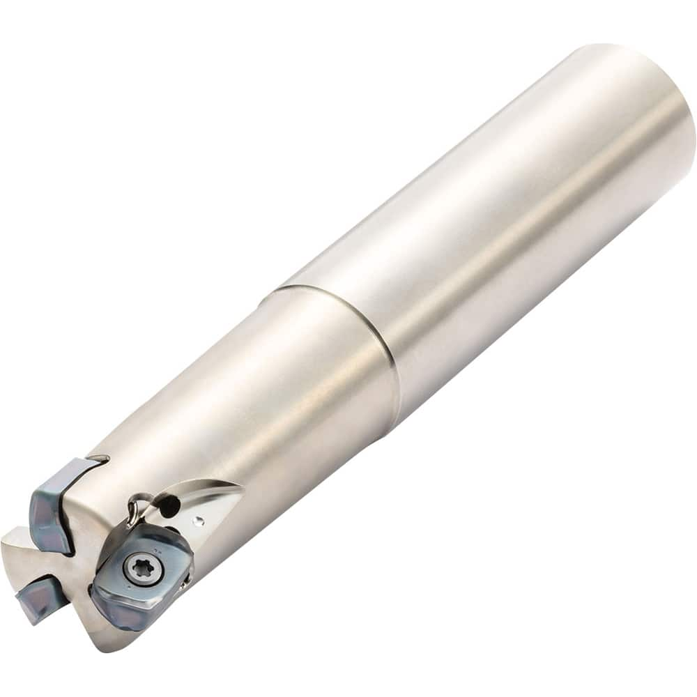 Indexable High-Feed End Mill: 32 mm Cylindrical Shank Uses 4 LOMU Inserts, 2.5 mm Max Depth, 200 mm OAL, Through Coolant