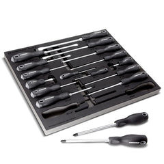 Powerbuilt - Screwdriver Sets; Screwdriver Types Included: Slotted & Phillips ; Number of Pieces: 17.000 ; Phillips Size Range: #0-#3 ; Slotted: Yes ; Contents: Slotted: 1/8"X3" , 3/16"X3" ,3/16"X6" ,1/4"X1-1/2", 1/4"X4" , 1/4"X6" ,5/16"X6", 5/16"X8", 3/ - Exact Industrial Supply