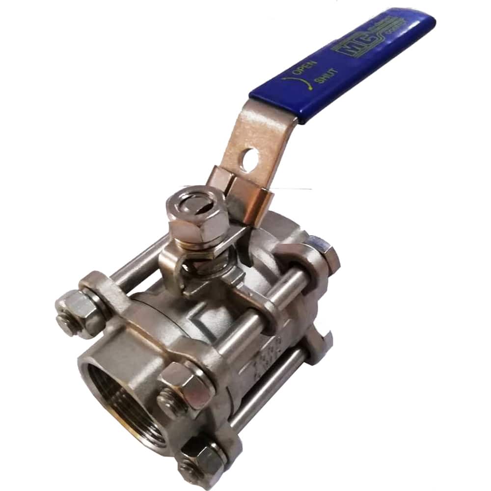 3-Piece Manual Ball Valve: 1-1/4″ Pipe, Full Port, Stainless Steel 2-Way Flow & In-Line, Female NPT, 1,000 psi WOG