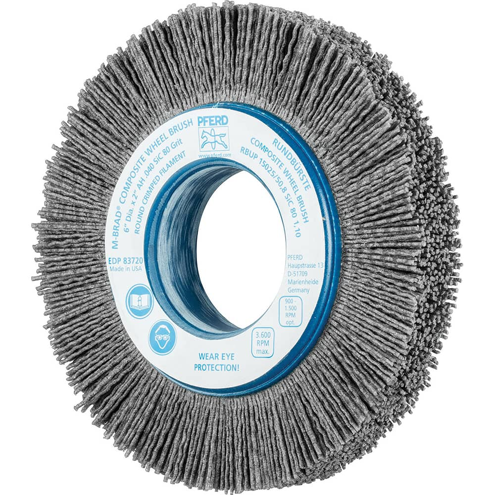 Wheel Brush: 6″ Wheel Dia, Crimped & Round Nylon & Silicon Carbide, 80 Grit, 3,600 RPM