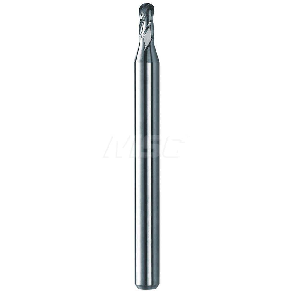 Ball End Mill: 0.01″ Dia, 0.08″ LOC, 4 Flute, Solid Carbide 2-1/2″ OAL, 1/8″ Shank Dia, 30 ° Helix, AlTiN Coated, Single End, Series M4BE