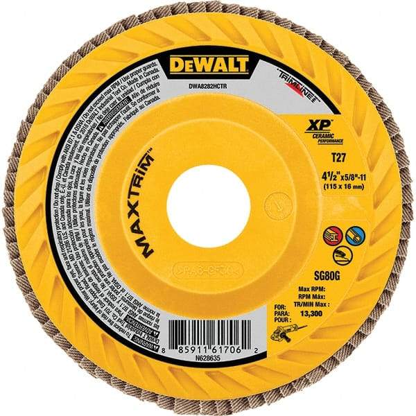 DeWALT - 60 Grit, 4-1/2" Disc Diam, Type 27 Ceramic Flap Disc - 13,300 Max RPM, Poly Cotton Backing, Arbor Attaching System, Coated - Americas Industrial Supply