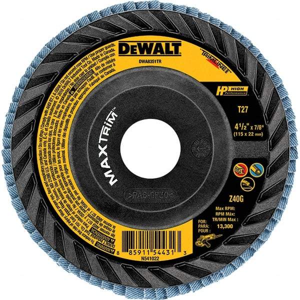 DeWALT - 40 Grit, 4-1/2" Disc Diam, Type 27 Zirconia Alumina Flap Disc - 13,300 Max RPM, Poly Cotton Backing, Arbor Attaching System, Coated - Americas Industrial Supply