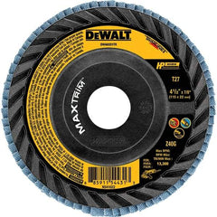 DeWALT - 40 Grit, 4-1/2" Disc Diam, Type 27 Zirconia Alumina Flap Disc - 13,300 Max RPM, Poly Cotton Backing, Arbor Attaching System, Coated - Americas Industrial Supply