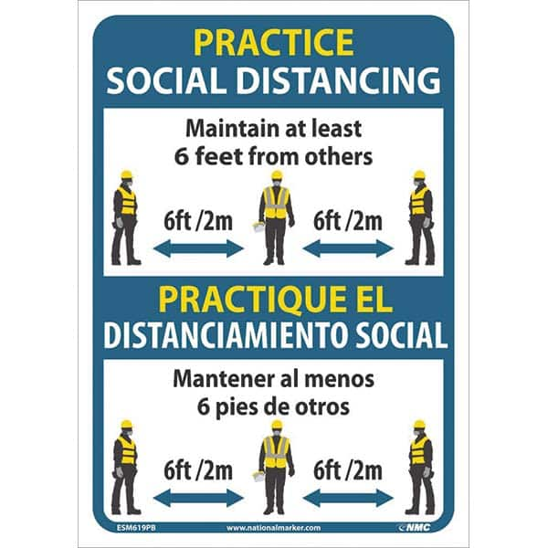 Sign: Rectangle & Square, ″Practice Social Distancing Maintain At Least 6 Feet From Others 6Ft/2M Practique El Distanciamiento Social Mantener Al Menos 6 Pies De Otros 6Ft/2M″ Vinyl, 14″ High