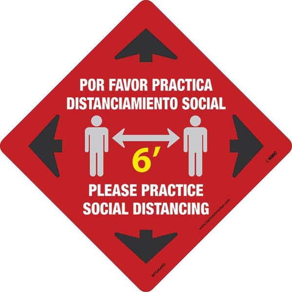 Adhesive Backed Floor Signs; Message Type: COVID-19; Graphic Type: Arrows; Message or Graphic: Message & Graphic; Legend: 6' Please Practice Social Distancing, Por Favor Practica Distanciamiento Social; Color: Red; White; Yellow; Black; Special Color Prop