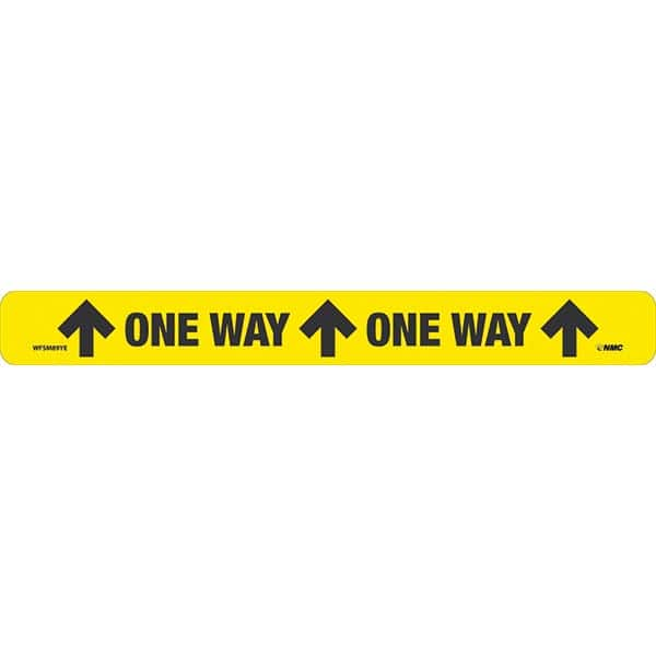 Adhesive Backed Floor Signs; Message Type: COVID-19; Graphic Type: Arrow; Message or Graphic: Message & Graphic; Legend: One Way One Way; Color: Yellow; Black; Special Color Properties: No Special Properties; Material: Vinyl; Shape: Rectangle; Square; Lan