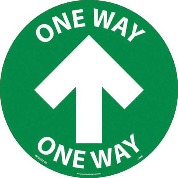 Adhesive Backed Floor Signs; Message Type: COVID-19; Graphic Type: Arrow; Message or Graphic: Message & Graphic; Legend: One Way; Color: White; Green; Special Color Properties: No Special Properties; Material: Vinyl; Shape: Circle; Oval; Language: English