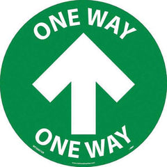 Adhesive Backed Floor Signs; Message Type: COVID-19; Graphic Type: Arrow; Message or Graphic: Message & Graphic; Legend: One Way; Color: White; Green; Special Color Properties: No Special Properties; Material: Vinyl; Shape: Circle; Oval; Language: English