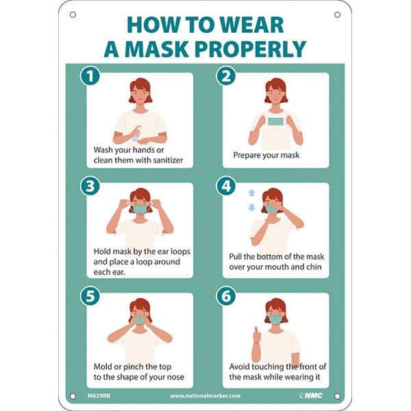 Sign: Rectangle, ″HOW TO WEAR A MASK PROPERLY 1 WASH YOUR HANDS OR CLEAN THEM WITH SANITIZER 2 PREPARE YOUR MASK 3 HOLD MASK BY THE EAR LOOPS AND PLACE A LOOP AROUND EACH EAR 4 PULL THE BOTTOM OF THE MASK OVER YOUR MOUTH AND CHIN 5 MOLD OR PINCH THE TOP T