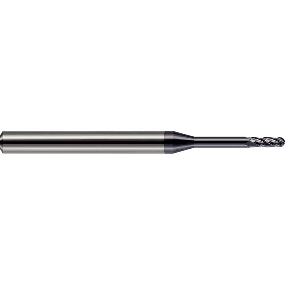 Ball End Mill: 0.1562″ Dia, 0.47″ LOC, 4 Flute, Solid Carbide 2-1/2″ OAL, 3/16″ Shank Dia, 30 ° Helix, AlTiN Coated, Single End