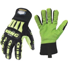 ironCLAD - Size S (7), ANSI Cut Lvl A1, Abrasion Lvl 5, Cut Resistant Gloves - 11" Long, Uncoated, Polyester Lining, Slip-On Cuff, Black/Green, Paired - Americas Industrial Supply