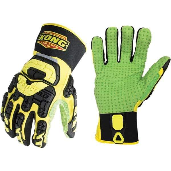 ironCLAD - Size L (9), ANSI Cut Lvl A2, Abrasion Lvl 5, Cut Resistant Gloves - 11" Long, Uncoated, Unlined, Slip-On Cuff, Yellow/Green, Paired - Americas Industrial Supply