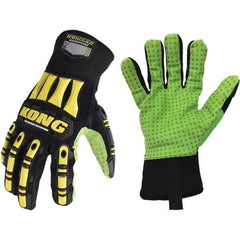 ironCLAD - Size L (9), ANSI Cut Lvl A5, Abrasion Lvl 5, Cut Resistant Gloves - 11" Long, Uncoated, Polyester Lining, Slip-On Cuff, Black/Green, Paired - Americas Industrial Supply