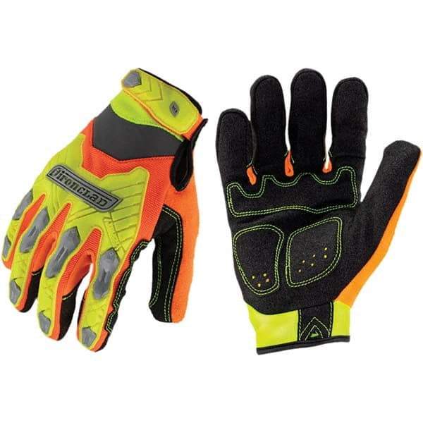 ironCLAD - Size S (7), ANSI Cut Lvl A2, Abrasion Lvl 3, Cut Resistant Gloves - 8.5" Long, Uncoated, Unlined, Hook & Loop Cuff, Hi-Vis Orange/Yellow, Paired - Americas Industrial Supply