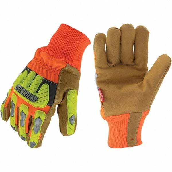 ironCLAD - Size L (9), ANSI Cut Lvl A6, Abrasion Lvl 3, Cut Resistant Gloves - 11.75" Long, Uncoated, Unlined, Knit Wrist, Hi-Vis Orange/Yellow, Paired - Americas Industrial Supply