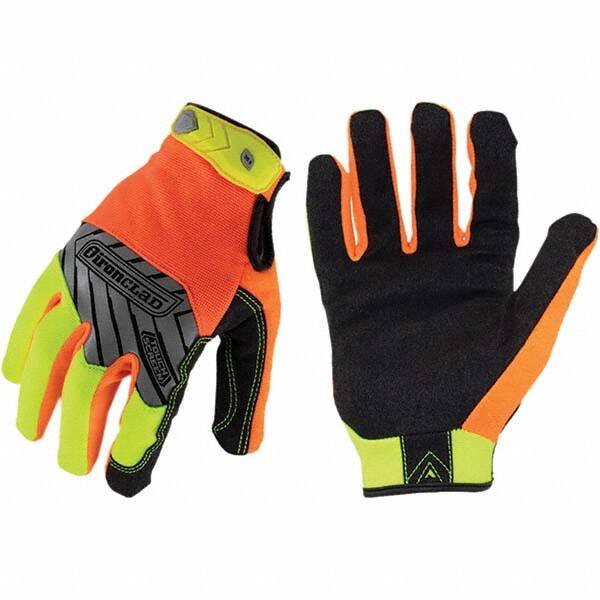 ironCLAD - Size L (9), ANSI Cut Lvl A2, Abrasion Lvl 3, Cut Resistant Gloves - 9" Long, Uncoated, Unlined, Hook & Loop Cuff, Hi-Vis Orange/Yellow, Paired - Americas Industrial Supply