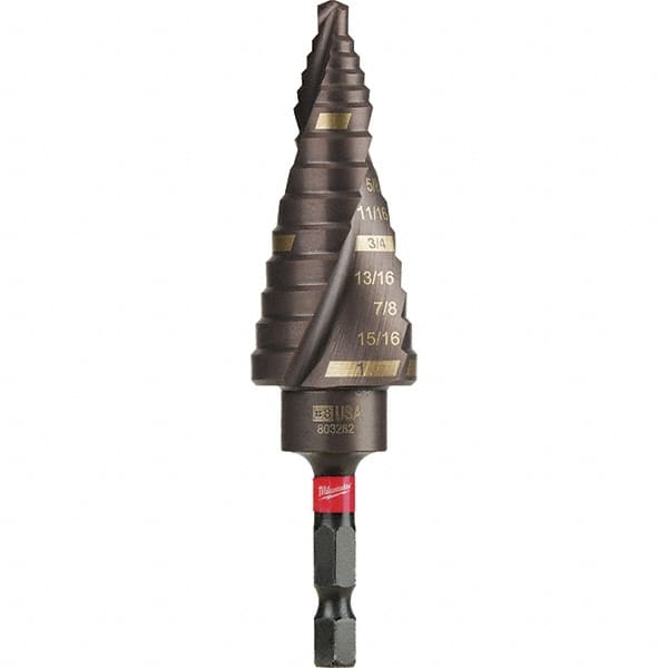 Milwaukee Tool - 9 Hole Sizes, 1/8 to 1" Hole Diam Steel Rapid Strike Tip Step Drill Bit - Americas Industrial Supply