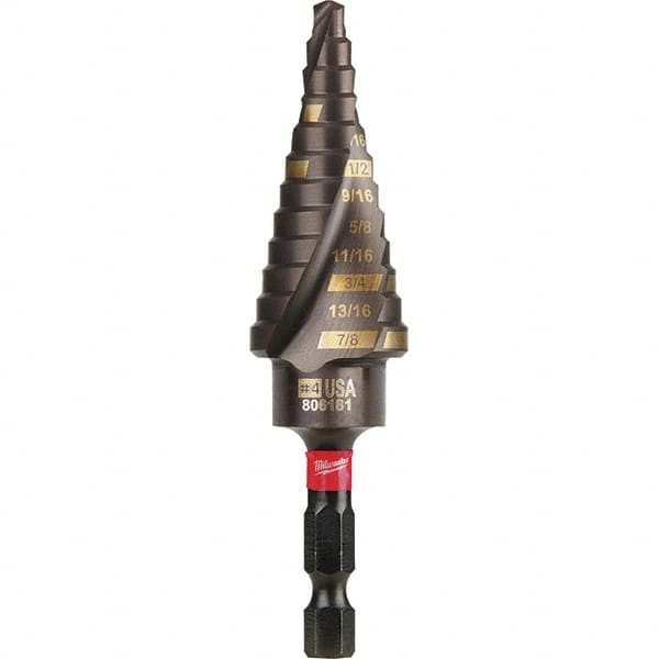 Milwaukee Tool - 12 Hole Sizes, 3/16 to 7/8" Hole Diam Steel Rapid Strike Tip Step Drill Bit - Americas Industrial Supply