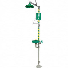 Haws - 23.7 GPM shower Flow, Drench shower, Eye & Face Wash Station - Bowl with Hinged Dust Cover, Triangular Pull Rod & Push Flag Activated, Galvanized Steel Pipe, Plastic Shower Head, Inverted Flow - Americas Industrial Supply