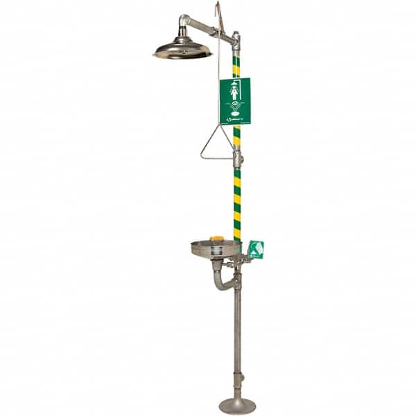 Haws - 23.7 GPM shower Flow, Drench shower, Eye & Face Wash Station - Bowl, Triangular Pull Rod, Push Handle & Foot Pedal Activated, Stainless Steel Pipe, Stainless Steel Shower Head, Corrosion Resistant - Americas Industrial Supply