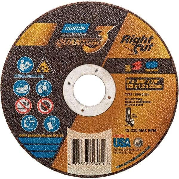 Norton - 5" 46 Grit Ceramic Alumina Cutoff Wheel - 0.045" Thick, 7/8" Arbor, 12,225 Max RPM, Use with Angle Grinders - Americas Industrial Supply