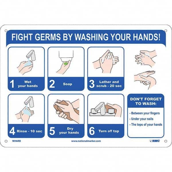 NMC - "Fight Germs By Washing Your Hands!", 14" Wide x 10" High, Rigid Plastic Safety Sign - Americas Industrial Supply