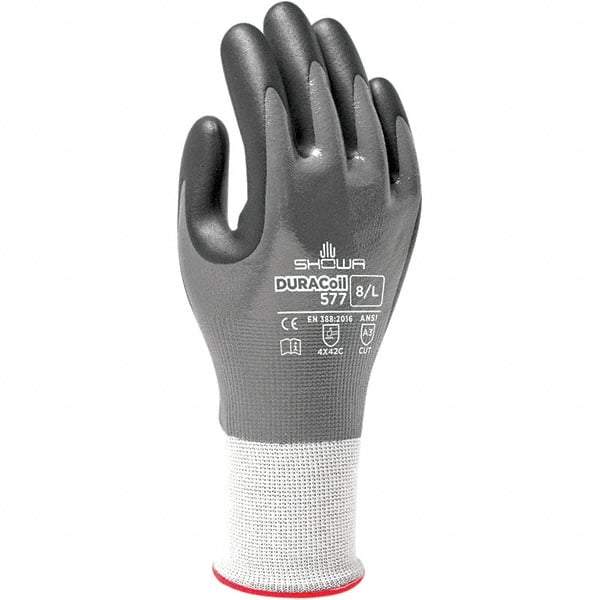 SHOWA - Size 2XL (10), ANSI Cut Lvl A3, Puncture Lvl 2, Abrasion Lvl 4, Nitrile Coated ATA/HPPE Blend Cut & Puncture Resistant Gloves - Fully Coated Coated, DURACoil Lining, Knit Wrist, Gray/White, Paired - Americas Industrial Supply
