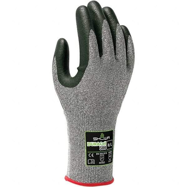 SHOWA - Size M (7), ANSI Cut Lvl A3, Puncture Lvl 2, Abrasion Lvl 4, Micro-Foam Nitrile Coated ATA/HPPE Blend Cut & Puncture Resistant Gloves - Palm & Fingers Coated, DURACoil Lining, Knit Wrist, Gray/Black, Paired - Americas Industrial Supply