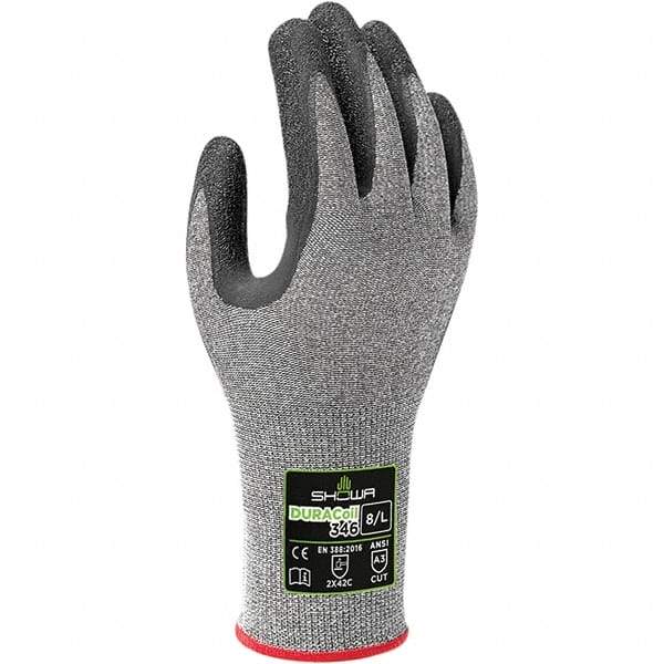SHOWA - Size L (8), ANSI Cut Lvl A3, Puncture Lvl 2, Abrasion Lvl 2, Latex Coated ATA/HPPE Blend Cut & Puncture Resistant Gloves - Palm & Fingers Coated, DURACoil Lining, Knit Wrist, Gray/Black, Paired - Americas Industrial Supply