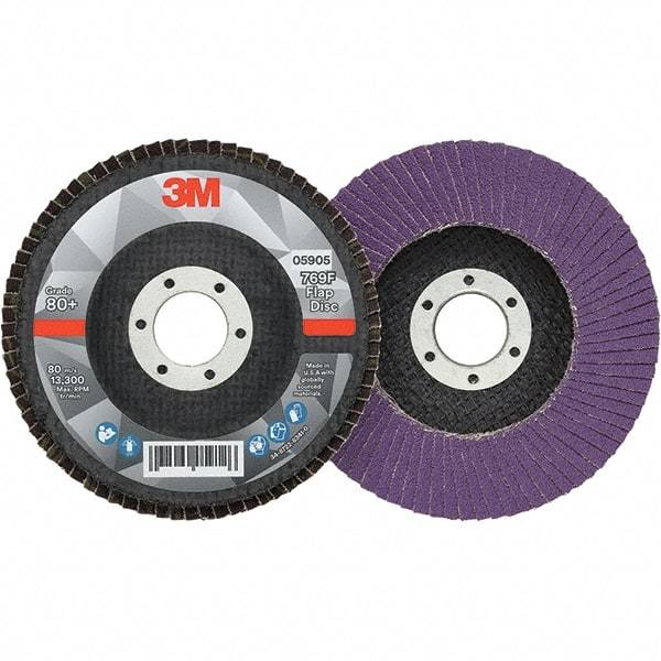 3M - 4-1/2" Disc Diam, 7/8" Center Hole, Type 27 Ceramic Flap Disc - 13,300 Max RPM, Fiberglass Backing, Arbor Attaching System, Coated - Americas Industrial Supply