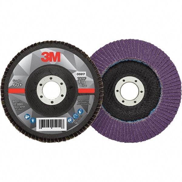 3M - 5" Disc Diam, 7/8" Center Hole, Type 27 Ceramic Flap Disc - 12,000 Max RPM, Fiberglass Backing, Arbor Attaching System, Coated - Americas Industrial Supply