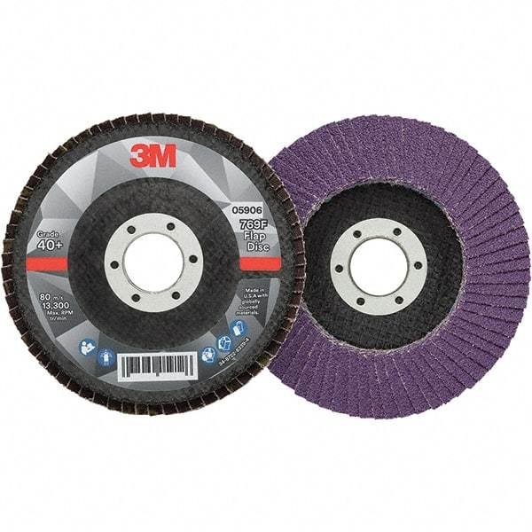 3M - 4-1/2" Disc Diam, 7/8" Center Hole, Type 29 Ceramic Flap Disc - 13,300 Max RPM, Fiberglass Backing, Arbor Attaching System, Coated - Americas Industrial Supply