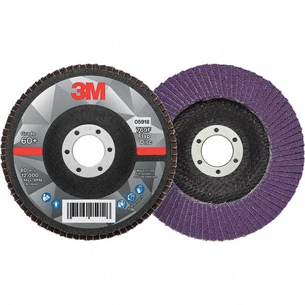 3M - 5" Disc Diam, 7/8" Center Hole, Type 29 Ceramic Flap Disc - 12,000 Max RPM, Fiberglass Backing, Arbor Attaching System, Coated - Americas Industrial Supply