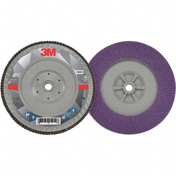 3M - 7" Disc Diam, 5/8-11 Center Hole, Type 27 Ceramic Flap Disc - 8,600 Max RPM, Plastic Backing, Arbor Attaching System, Coated - Americas Industrial Supply