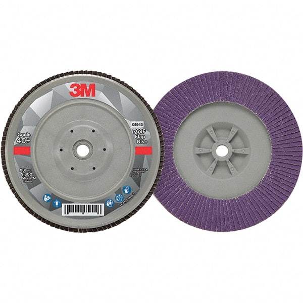 3M - 7" Disc Diam, 5/8-11 Center Hole, Type 29 Ceramic Flap Disc - 8,600 Max RPM, Plastic Backing, Arbor Attaching System, Coated - Americas Industrial Supply