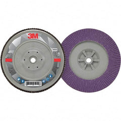 3M - 7" Disc Diam, 5/8-11 Center Hole, Type 29 Ceramic Flap Disc - 8,600 Max RPM, Plastic Backing, Arbor Attaching System, Coated - Americas Industrial Supply
