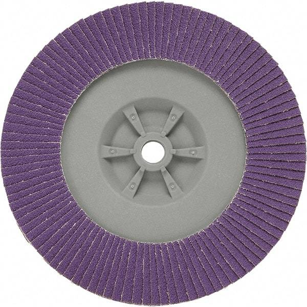 3M - 7" Disc Diam, 5/8-11 Center Hole, Type 29 Ceramic Flap Disc - 8,600 Max RPM, Plastic Backing, Arbor Attaching System, Coated - Americas Industrial Supply