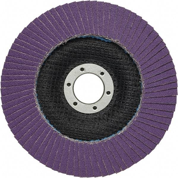 3M - 4-1/2" Disc Diam, 7/8" Center Hole, Type 27 Ceramic Flap Disc - 13,300 Max RPM, Fiberglass Backing, Arbor Attaching System, Coated - Americas Industrial Supply