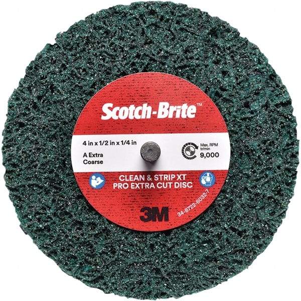 3M - 4" Extra Coarse Grade Aluminum Oxide Deburring Disc - 1/4" Center Hole, Quick Change Connection, Green, 12,000 Max RPM - Americas Industrial Supply