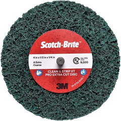 3M - 4" Extra Coarse Grade Aluminum Oxide Deburring Disc - 1/4" Center Hole, Quick Change Connection, Green, 12,000 Max RPM - Americas Industrial Supply