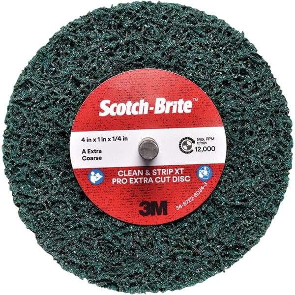 3M - 4" Extra Coarse Grade Aluminum Oxide Deburring Disc - 1/4" Center Hole, Quick Change Connection, Green, 12,000 Max RPM - Americas Industrial Supply