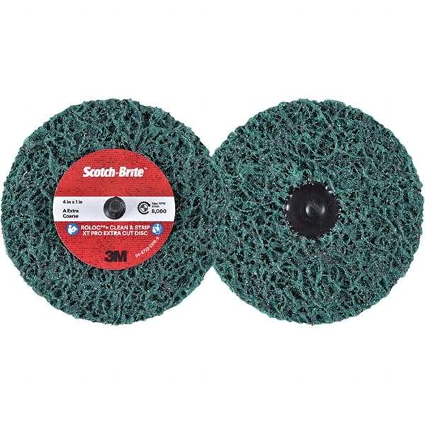 3M - 4" Extra Coarse Grade Aluminum Oxide Deburring Disc - 1" Center Hole, Quick Change Connection, Green, 8,000 Max RPM - Americas Industrial Supply