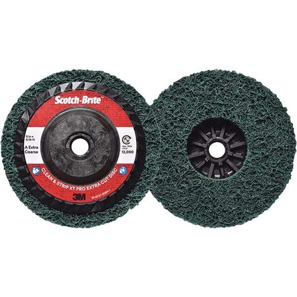 3M - 5" Extra Coarse Grade Aluminum Oxide Deburring Disc - 5/8-11 Threaded Center Hole, Quick Change Connection, Green, 12,000 Max RPM - Americas Industrial Supply