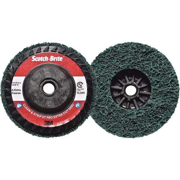 3M - 4-1/2" Extra Coarse Grade Aluminum Oxide Deburring Disc - 5/8-11 Threaded Center Hole, Quick Change Connection, Green, 13,300 Max RPM - Americas Industrial Supply
